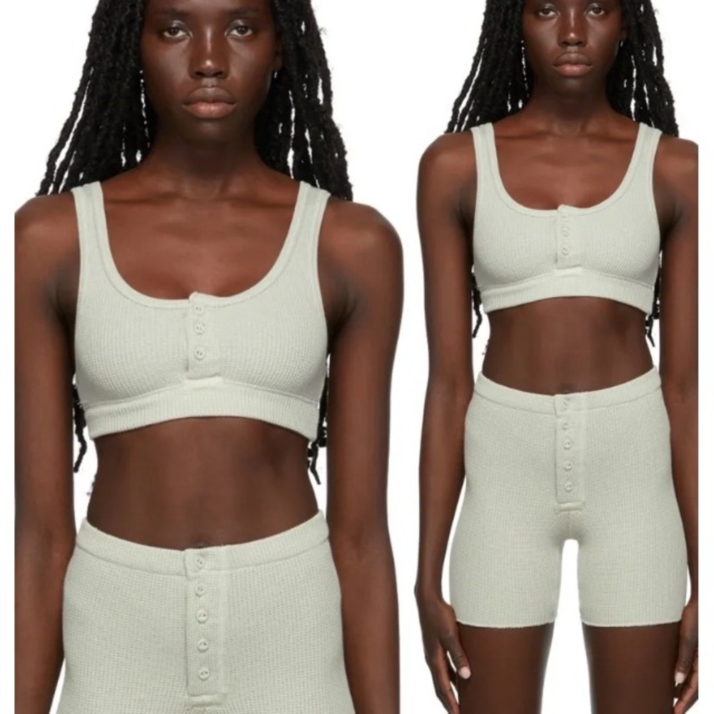 SKIMS Waffle Henley Bralette and Short Set Sage Green Grey Size M